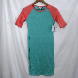 NWT LuLaRoe Julia Dress Womens XXS Teal Coral Colorblock Raglan Sleeve Casual